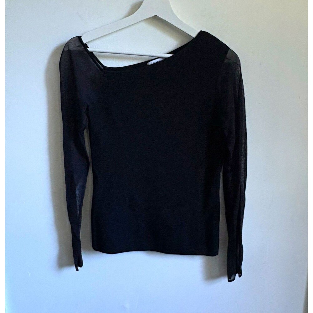 Reiss Top Womens Black Knit asymmetrical Neck Sheer Puff Long Sleeve Sz M whimsi